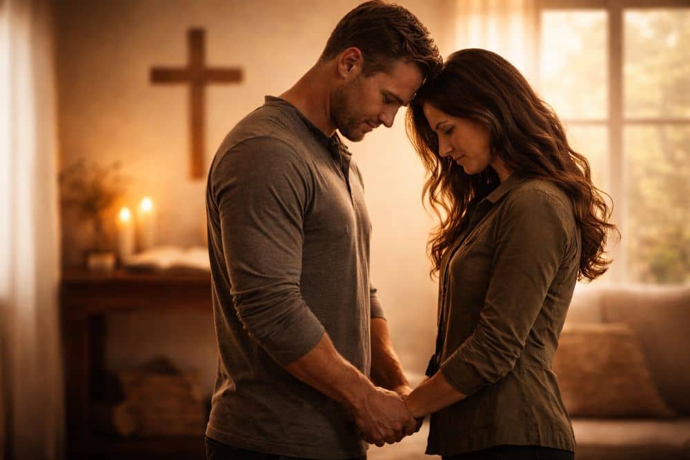 Married couple praying together, symbolizing marriage as a covenant foundation